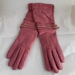 Portolano Leather Gloves Cashmere Lined 15" Long Pink Buckles Sz 7 Buttery Soft